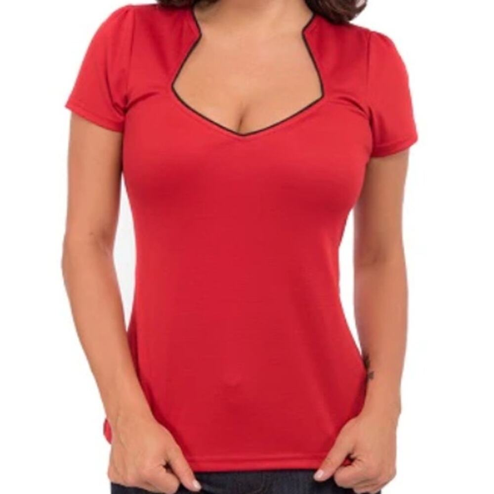 Rock Steady Sophia Top Womens Sz Large Sweetheart Neckline Red Black Retro